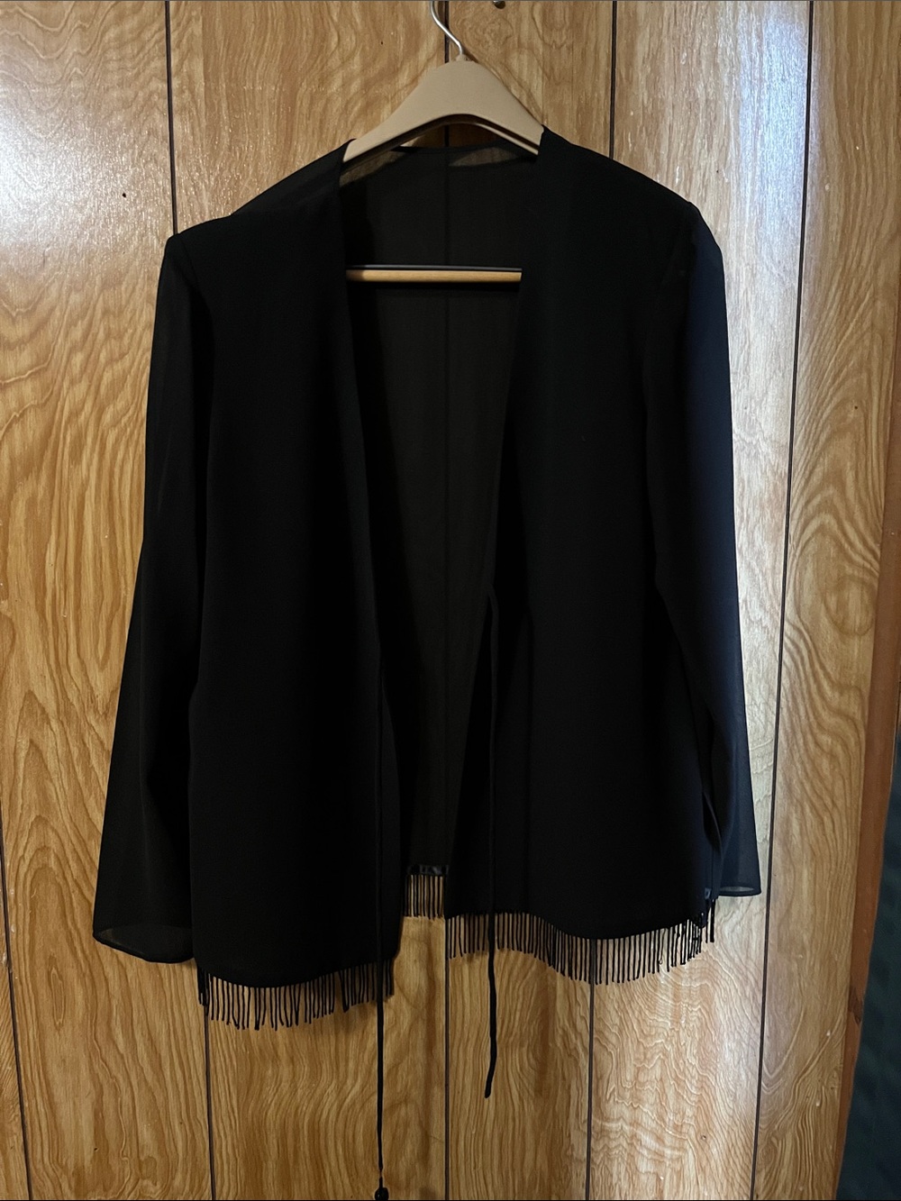R&M Richards Black Open-Front Jacket with Fringe Trim and matching pants